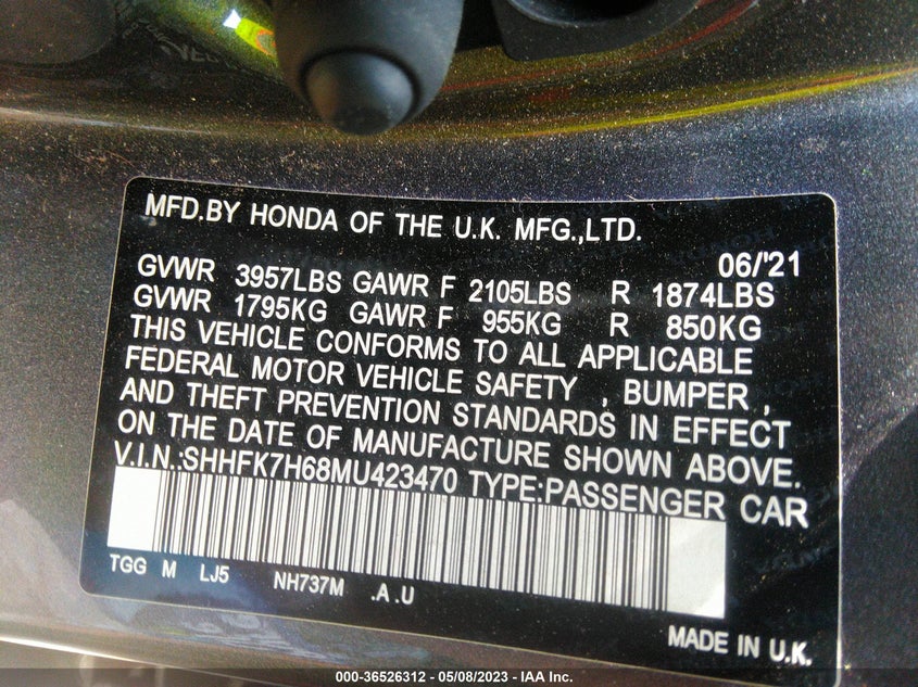 VIN SHHFK7H68MU423470 2021 HONDA CIVIC HATCHBACK EX