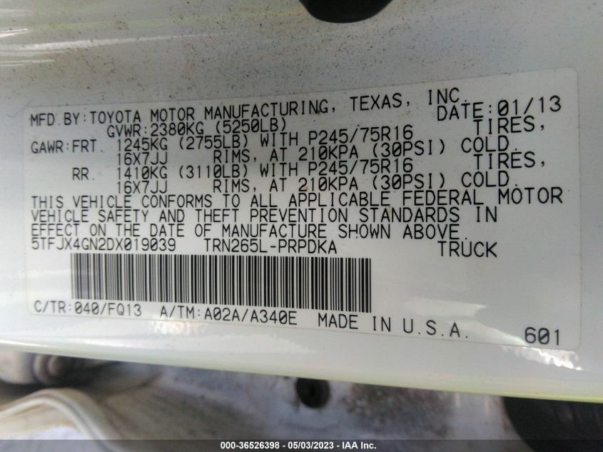 2013 TOYOTA TACOMA PRERUNNER - 5TFJX4GN2DX019039