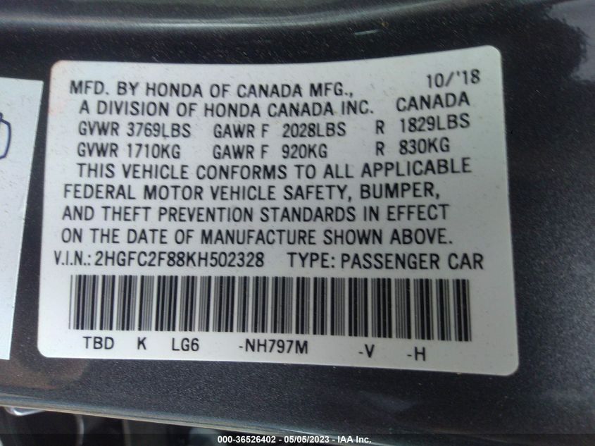 2019 HONDA CIVIC SEDAN SPORT - 2HGFC2F88KH502328