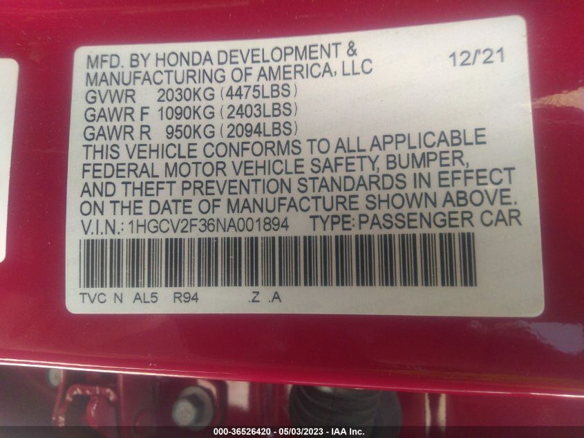 2022 HONDA ACCORD SEDAN SPORT - 1HGCV2F36NA001894