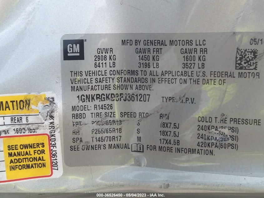 2015 CHEVROLET TRAVERSE LT - 1GNKRGKD3FJ361207