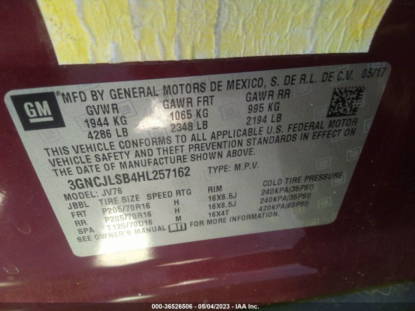 2017 CHEVROLET TRAX LT - 3GNCJLSB4HL257162
