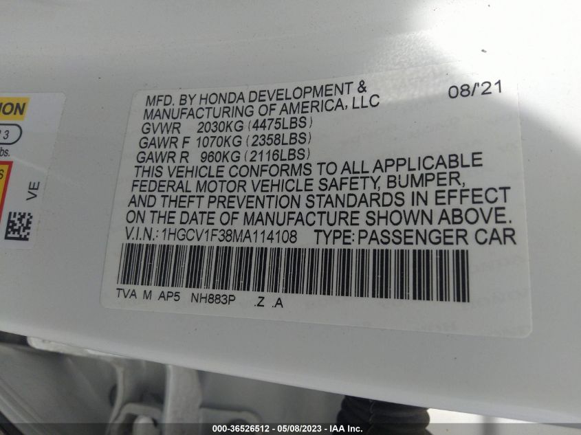 2021 HONDA ACCORD SEDAN SPORT - 1HGCV1F38MA114108