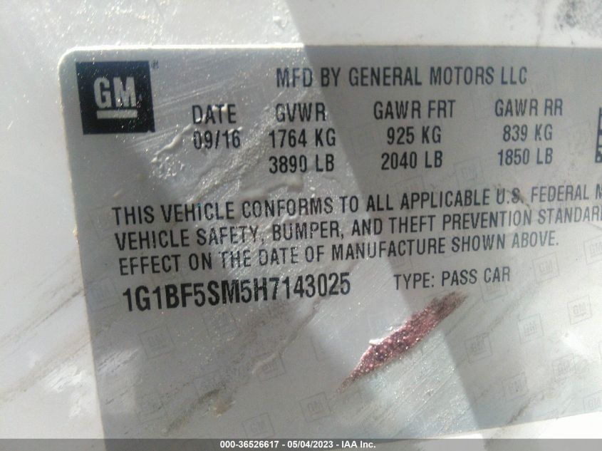 2017 CHEVROLET CRUZE PREMIER - 1G1BF5SM5H7143025