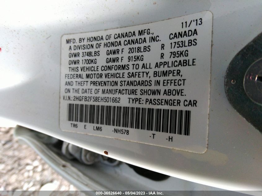 2014 HONDA CIVIC SEDAN LX - 2HGFB2F58EH501662