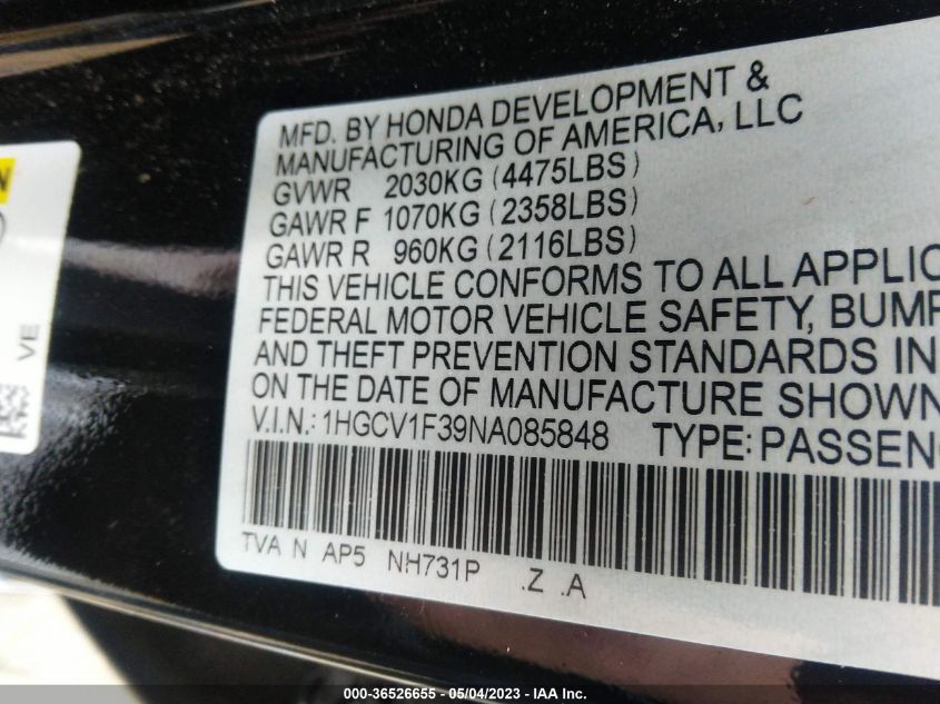 2022 HONDA ACCORD SEDAN SPORT - 1HGCV1F39NA085848
