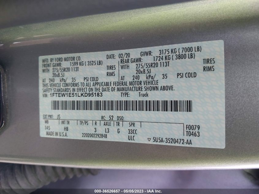 2020 FORD F-150 XL/XLT/LARIAT - 1FTEW1E51LKD95183
