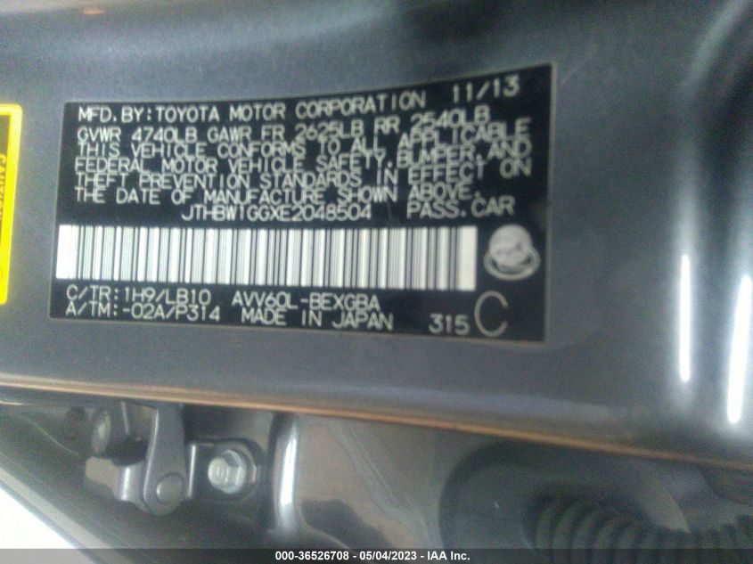 2014 LEXUS ES 300H HYBRID JTHBW1GGXE2048504