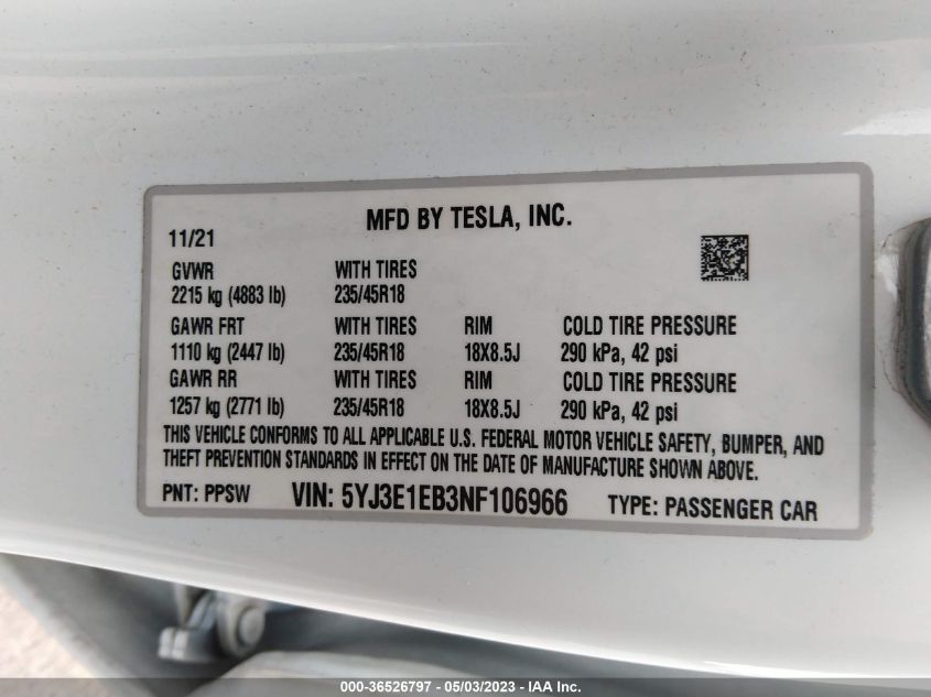 2022 TESLA MODEL 3 LONG RANGE - 5YJ3E1EB3NF106966