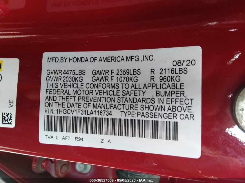 2020 HONDA ACCORD SEDAN SPORT - 1HGCV1F31LA116734