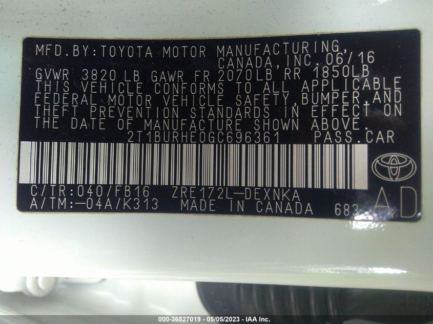 2016 TOYOTA COROLLA L/LE/S/S PLUS/LE PLUS - 2T1BURHE0GC696361