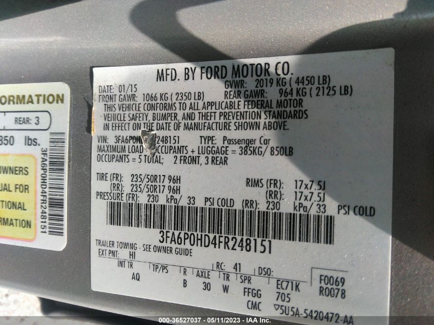 2015 FORD FUSION SE - 3FA6P0HD4FR248151