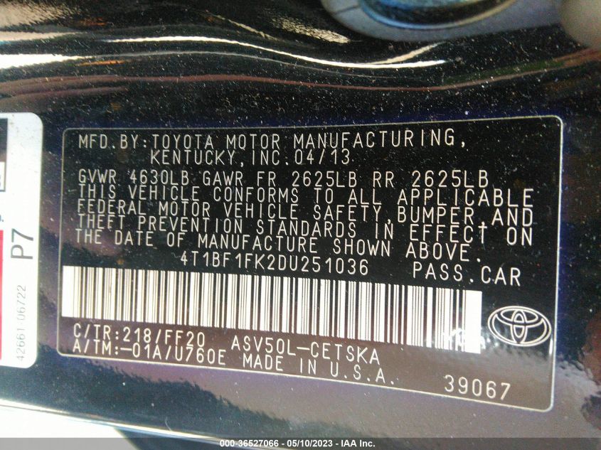 2013 TOYOTA CAMRY L/LE/SE/XLE - 4T1BF1FK2DU251036