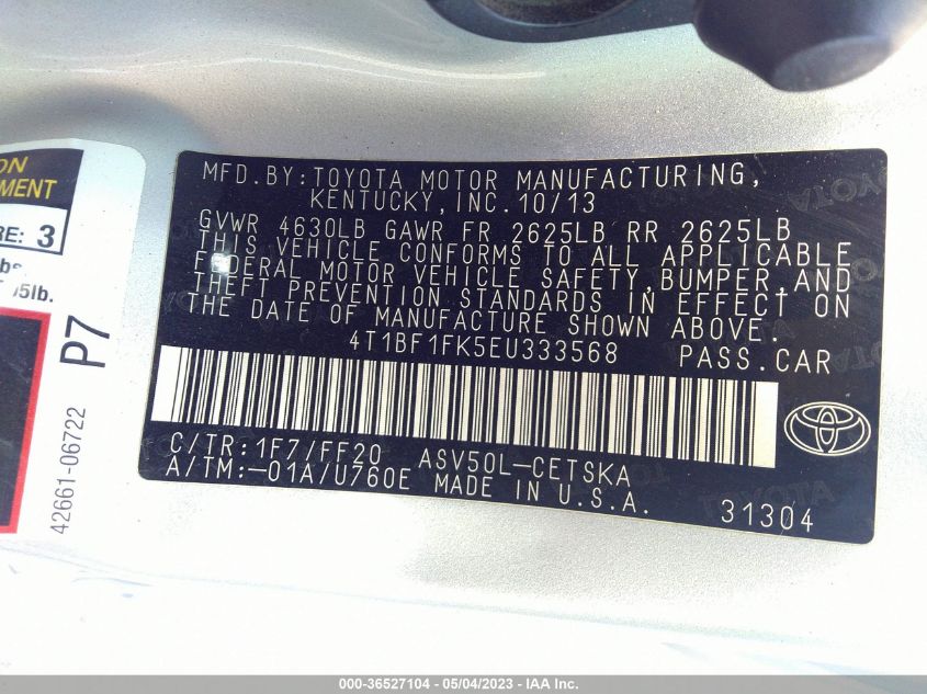 2014 TOYOTA CAMRY L/LE/XLE/SE/SE SPORT - 4T1BF1FK5EU333568