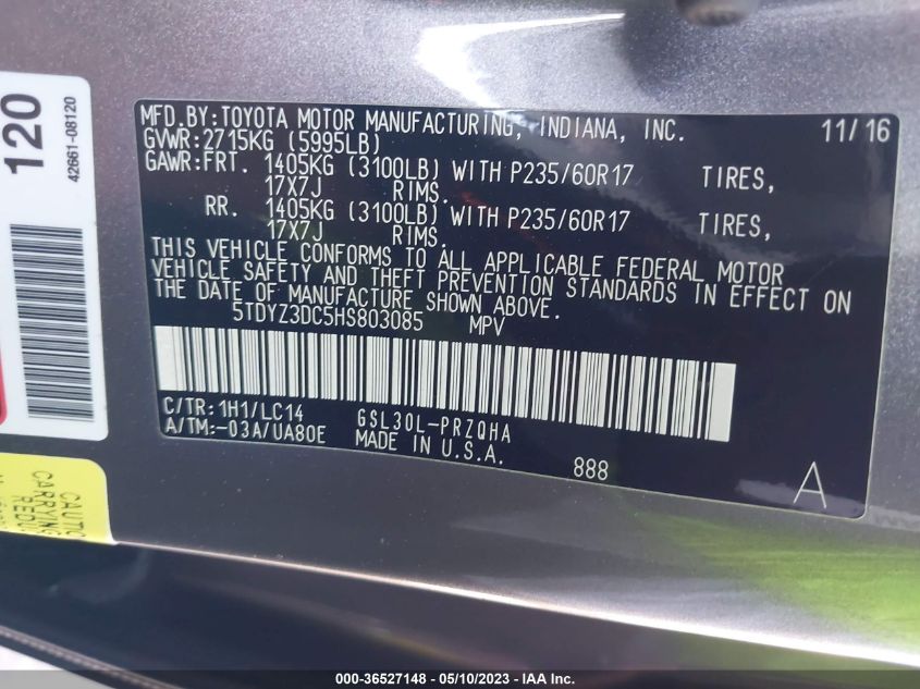 2017 TOYOTA SIENNA XLE AUTO ACCESS - 5TDYZ3DC5HS803085