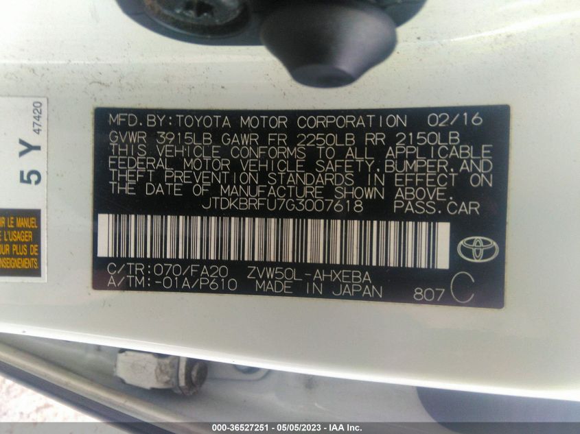 2016 TOYOTA PRIUS TWO - JTDKBRFU7G3007618