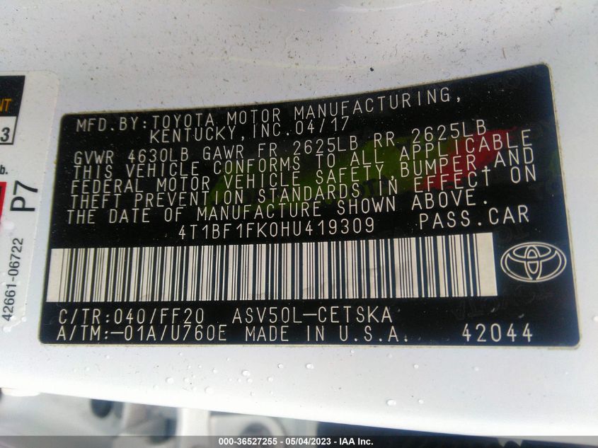 2017 TOYOTA CAMRY XLE/SE/LE/XSE - 4T1BF1FK0HU419309