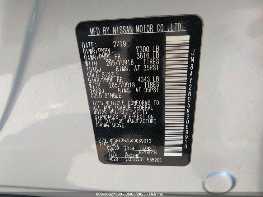 2019 NISSAN ARMADA SV - JN8AY2ND5K9089913