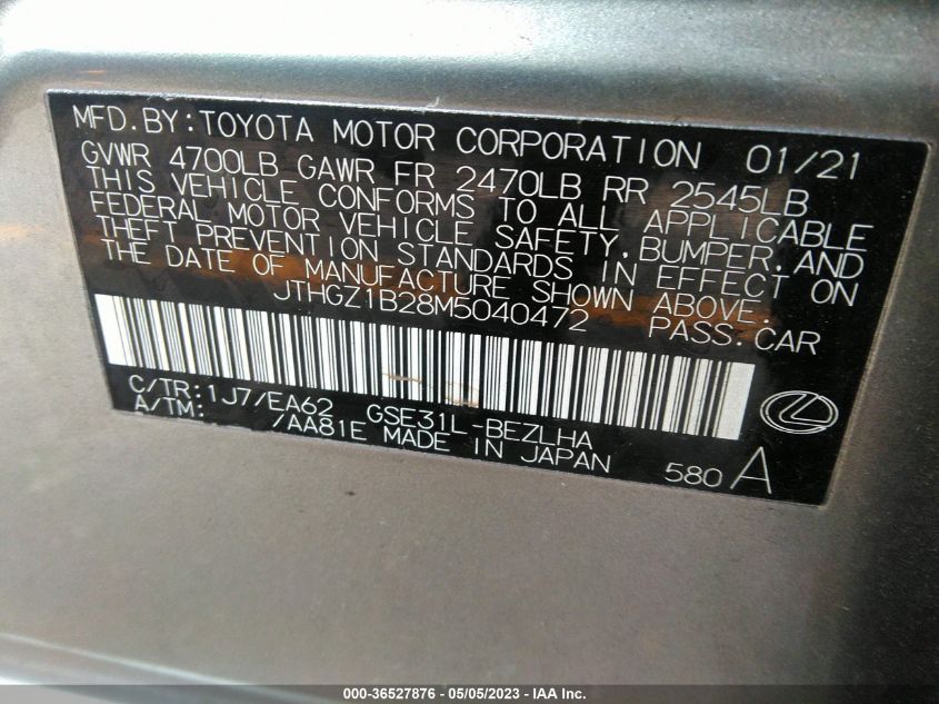 2021 LEXUS IS IS 350 F SPORT - JTHGZ1B28M5040472