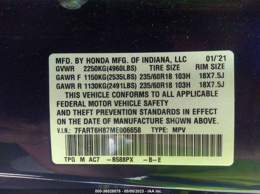 2021 HONDA CR-V HYBRID EX-L 7FART6H87ME006658
