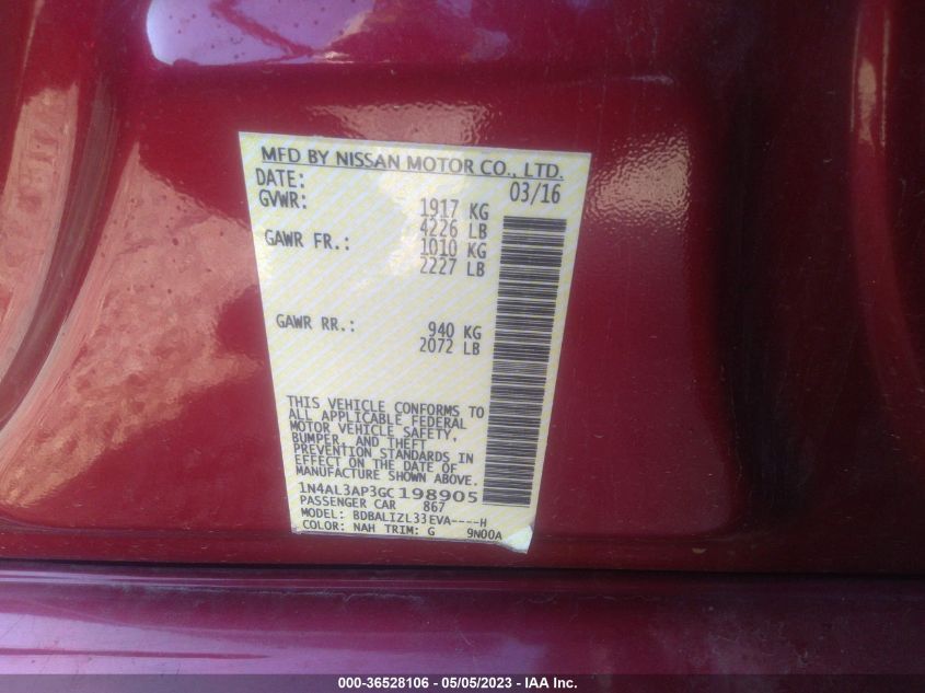 2016 NISSAN ALTIMA 2.5 SV - 1N4AL3AP3GC198905