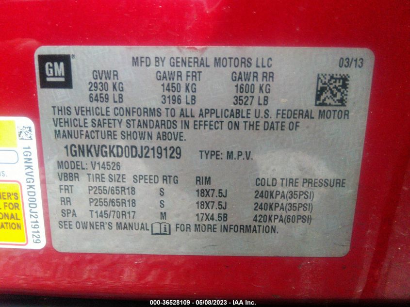 2013 CHEVROLET TRAVERSE LT - 1GNKVGKD0DJ219129