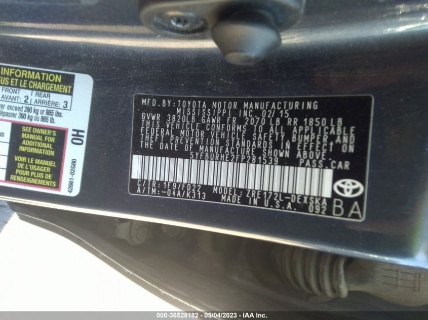 2015 TOYOTA COROLLA S - 5YFBURHE2FP281539