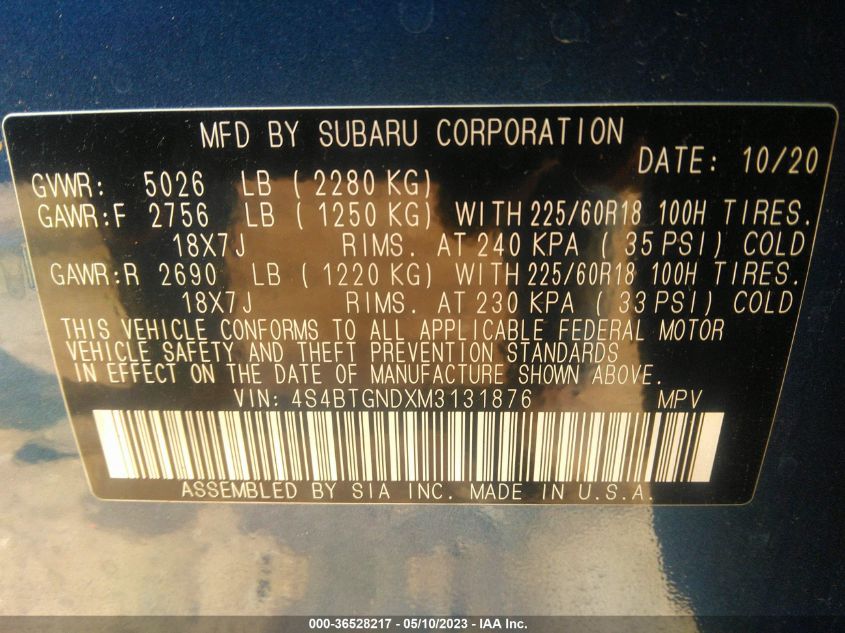 2021 SUBARU OUTBACK LIMITED XT - 4S4BTGNDXM3131876