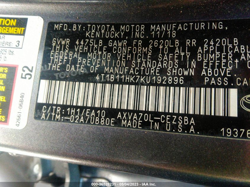 2019 TOYOTA CAMRY LE/SE/XLE/L - 4T1B11HK7KU192896