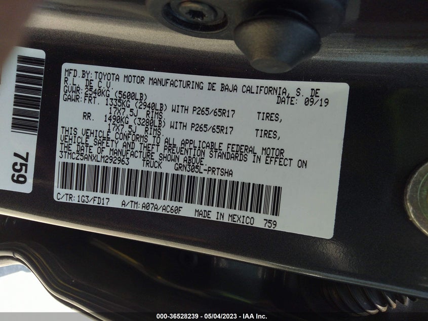 VIN 3TMCZ5ANXLM292963 2020 TOYOTA TACOMA 4WD SR5/TRD SPORT