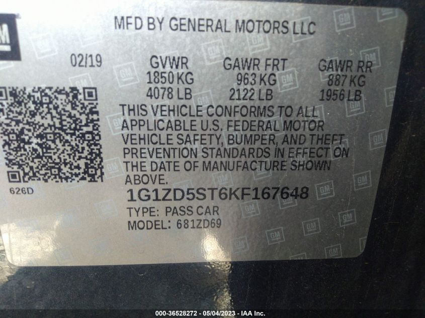 2019 CHEVROLET MALIBU LT - 1G1ZD5ST6KF167648