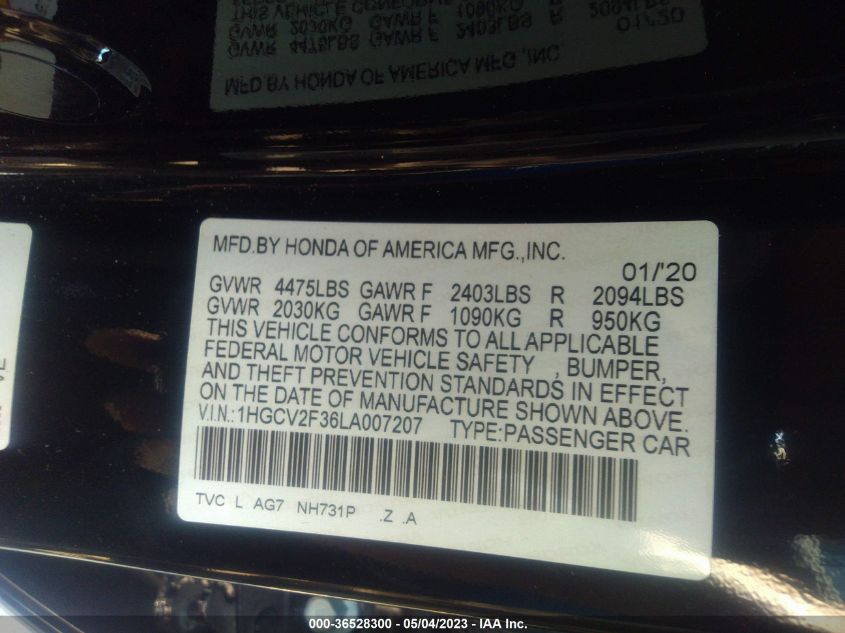 2020 HONDA ACCORD SEDAN SPORT 2.0T - 1HGCV2F36LA007207