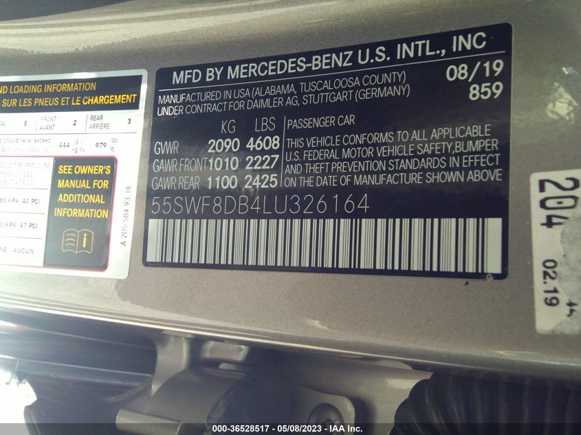 VIN 55SWF8DB4LU326164 2020 MERCEDES-BENZ C-CLASS C 300