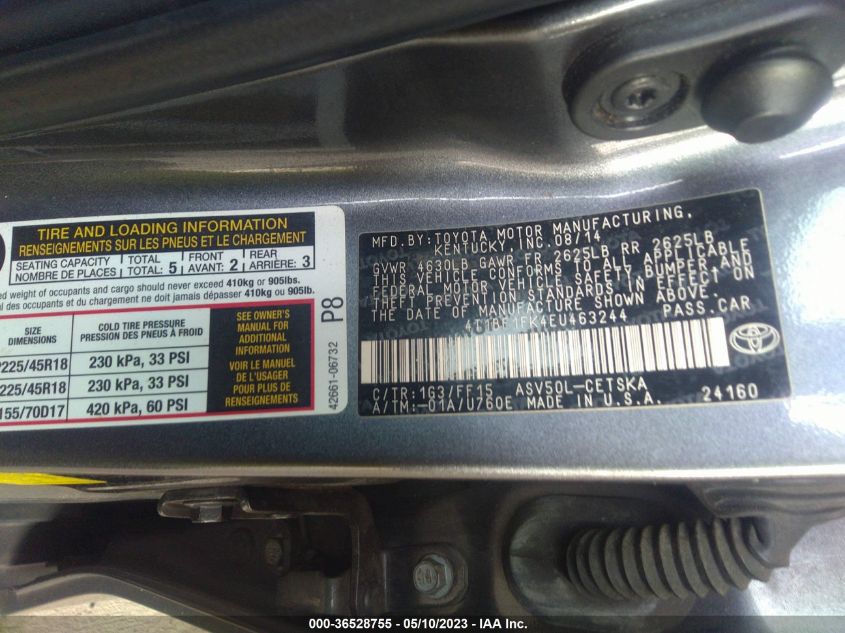 2014 TOYOTA CAMRY L/LE/XLE/SE/SE SPORT - 4T1BF1FK4EU463244