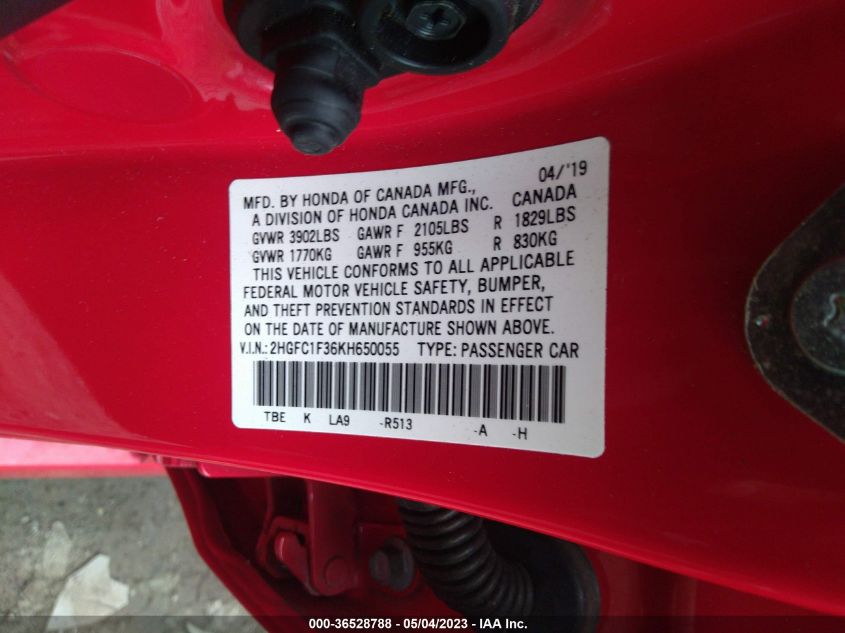 2019 HONDA CIVIC SEDAN EX - 2HGFC1F36KH650055