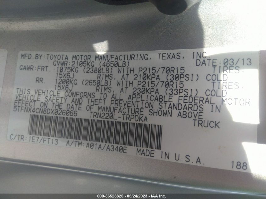 2013 TOYOTA TACOMA - 5TFNX4CN8DX026066
