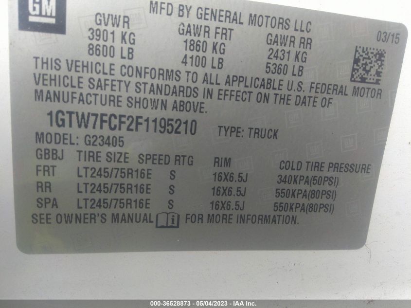 2015 GMC SAVANA CARGO VAN - 1GTW7FCF2F1195210