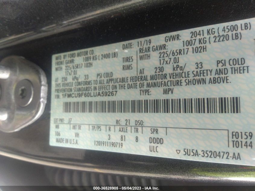 2020 FORD ESCAPE S - 1FMCU9F60LUA59267