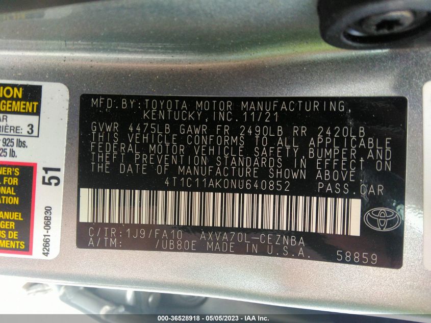2022 TOYOTA CAMRY LE - 4T1C11AK0NU640852