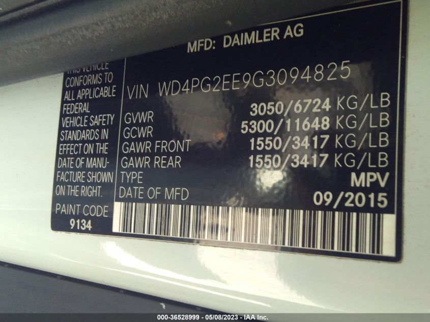 2016 MERCEDES-BENZ METRIS PASSENGER VAN - WD4PG2EE9G3094825