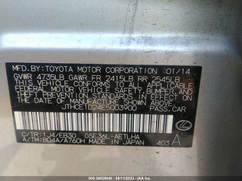 2014 LEXUS IS 350 - JTHCE1D24E5003900