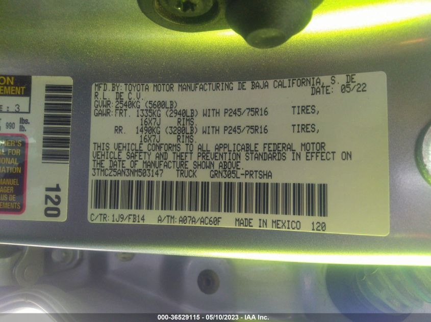 2022 TOYOTA TACOMA 4WD SR/SR5/TRD SPORT - 3TMCZ5AN3NM503147