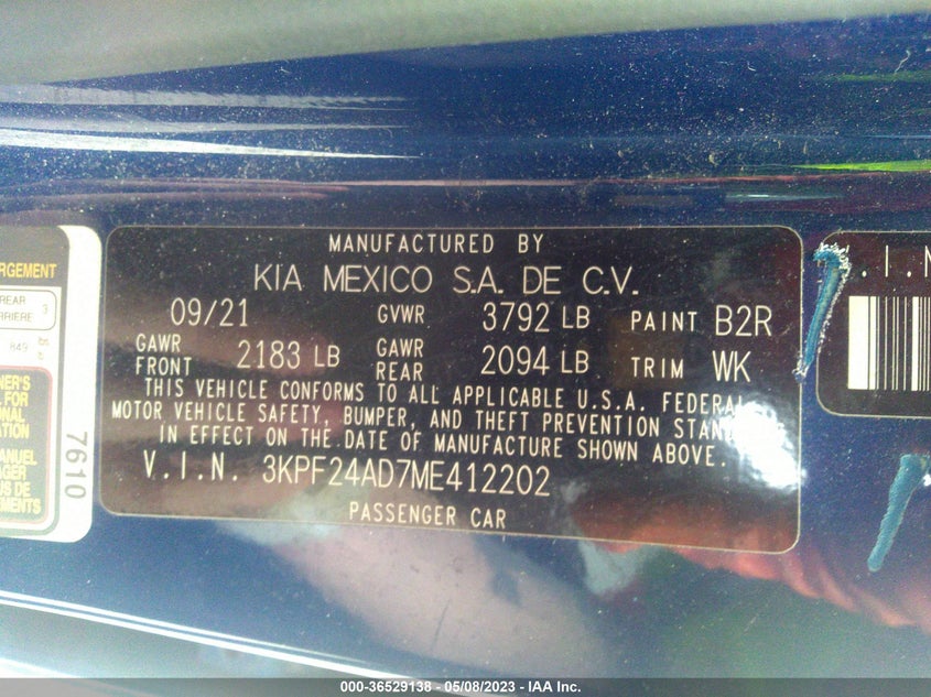 VIN 3KPF24AD7ME412202 2021 KIA FORTE LXS