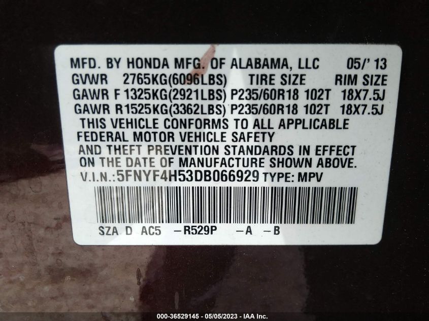 2013 HONDA PILOT EX-L - 5FNYF4H53DB066929
