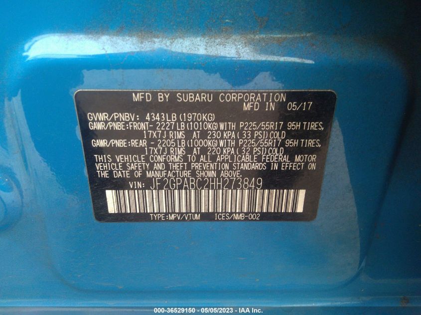 2017 SUBARU CROSSTREK PREMIUM - JF2GPABC2HH273849