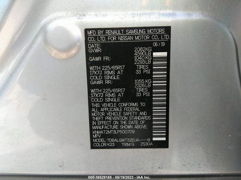 VIN KNMAT2MT3LP500709 2020 NISSAN ROGUE SV