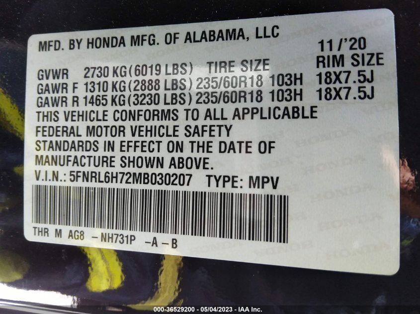 2021 HONDA ODYSSEY EX-L - 5FNRL6H72MB030207