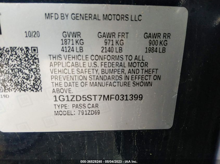 2021 CHEVROLET MALIBU LT - 1G1ZD5ST7MF031399