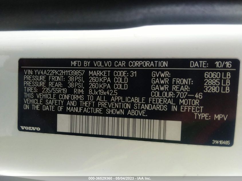 2017 VOLVO XC90 MOMENTUM - YV4A22PK2H1139857