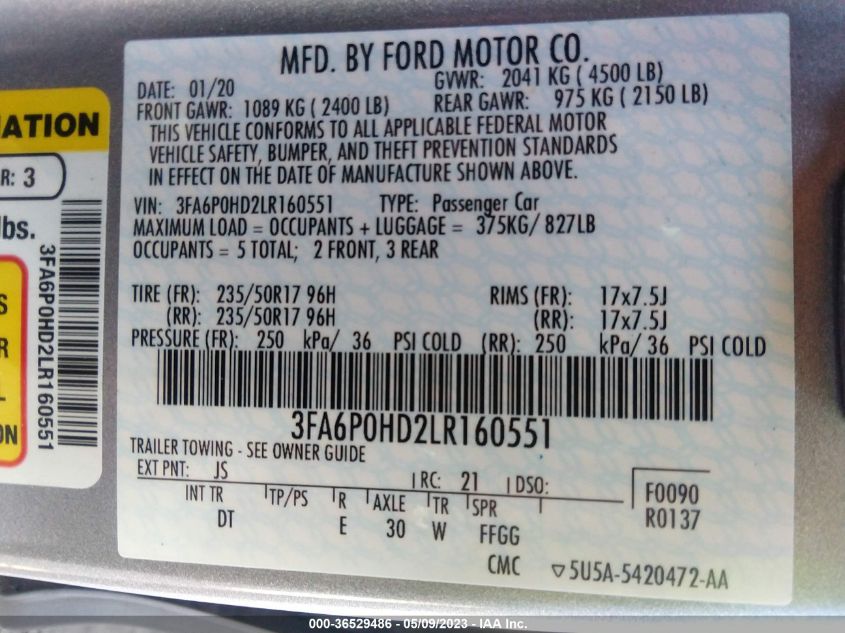 2020 FORD FUSION SE - 3FA6P0HD2LR160551